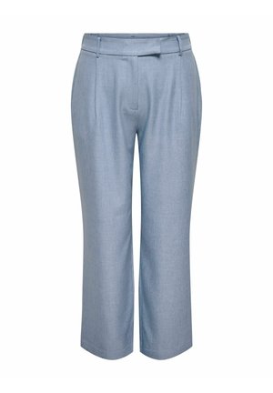 Lyseblå skræddersyede bukser lavet af et tekstureret stof med en flad front, sidelommer og en lige ben-snit.