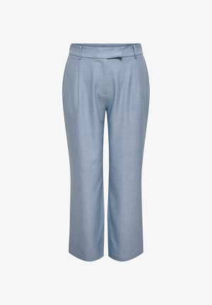 Hellblaue, maßgeschneiderte Hose aus einem strukturierten Stoff, mit flacher Vorderseite, seitlichen Taschen und geradem Bein.