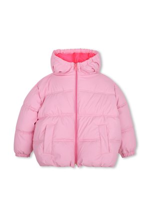 Veste rembourrée rose avec capuche, fermeture éclair frontale et deux poches latérales, conçue pour temps froid.