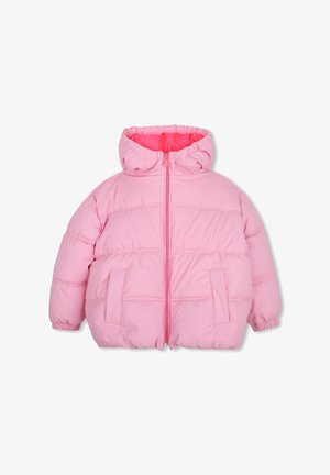 Roze gewatteerde jas met capuchon, ritssluiting aan de voorkant en twee zijzakken, ontworpen voor koud weer.