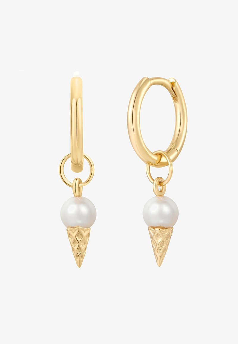 Zlate obročaste uhane s središnjim biserom in teksturirano stožčasto dno, ki imajo sijoč zaključek in krožno povezavo za pritrditev.