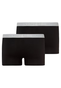 Pánské boxerské trenýrky, černý bavlněný materiál, s šedým elastickým pasem s logem, hladká textura a přiléhavý střih.