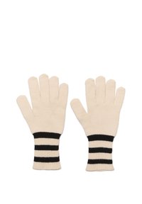Mănuși tricotate în crem, cu dungi orizontale negre la manșetă ribbed. Textură fină, design ajustat și secțiuni distincte pentru degete.
