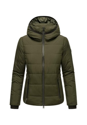 Chaqueta acolchada verde oliva con capucha, cremallera frontal completa, dos bolsillos laterales con cremallera y puños de canalé en las mangas.