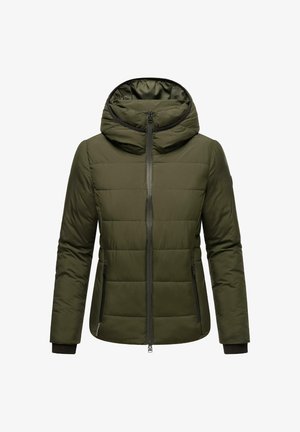 Olivgrüne gepolsterte Jacke mit Kapuze, durchgehendem Reißverschluss, zwei seitlichen Reißverschlusstaschen und gerippten Bündchen an den Ärmeln.