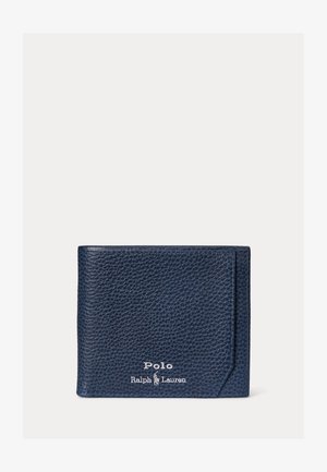 Denim modra denarna denarnica iz teksturiranega usnja z logotipom Polo Ralph Lauren v belem šivu na sredini sprednje strani, prikazana zaprta na enobarvnem ozadju.