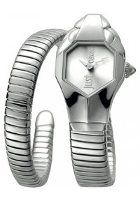 Montre-bracelet en argent avec un cadran octogonal, dotée d'un bracelet texturé en spirale et d'un visage minimaliste. Nom de la marque 'Just Cavalli' gravé.