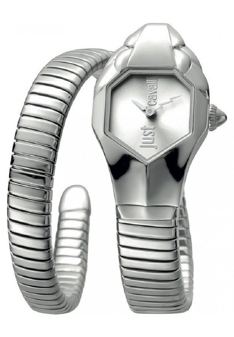Montre-bracelet en argent avec un cadran octogonal, dotée d'un bracelet texturé en spirale et d'un visage minimaliste. Nom de la marque 'Just Cavalli' gravé.
