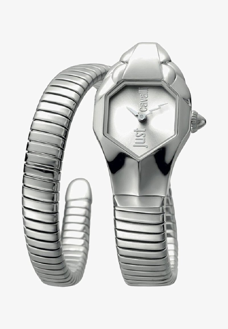 Montre-bracelet en argent avec un cadran octogonal, dotée d'un bracelet texturé en spirale et d'un visage minimaliste. Nom de la marque 'Just Cavalli' gravé.