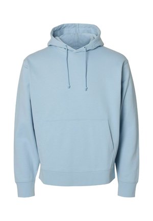 Hellblaues Hoodie aus weichem Baumwollmaterial, mit einer vorderen Tasche, verstellbarem Kordelzug und gerippten Bündchen. Einfaches, unauffälliges Design.