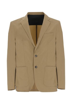 Blazer beige da uomo con due bottoni, rever a lancia, due tasche applicate frontali e una tasca sul petto, mostrato su sfondo bianco.
