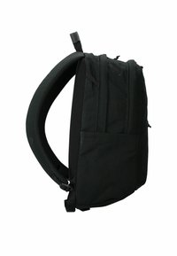 Zaino nero con tessuto testurizzato, spallacci imbottiti, maniglia superiore e tasca frontale. Design semplice e rettangolare con spallacci regolabili.