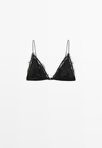 Czarny stanik w kształcie trójkąta z cienkimi ramiączkami, z frędzlami na brzegach i małymi metalowymi akcentami na miseczkach.