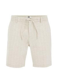 Shorts bej din in, cu talie reglabilă prin șnur, având dungi verticale albe subtile și o croială lejeră.