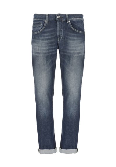 Jeans in denim blu scuro con una finitura sbiadita, dotati di chiusura con bottone, cinque tasche e orli arrotolati alle caviglie.