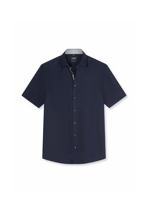 Marineblaues Kurzarmhemd mit Knopfleiste, spitzem Kragen und gemusterter innerer Kragenverstärkung, auf weißem Hintergrund dargestellt.