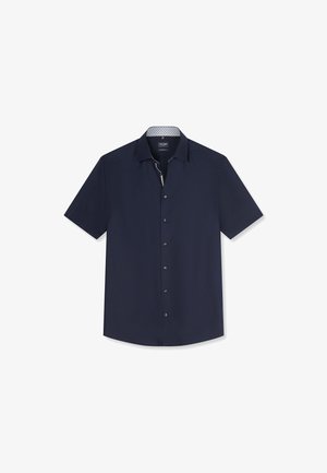 Chemise bleu marine à manches courtes avec boutons, col pointu et doublure intérieure du col à motifs, présentée sur fond blanc.