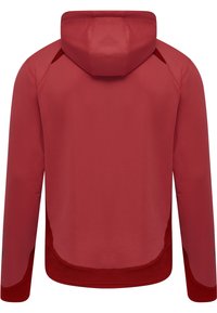 Rode hoodie met een gestructureerde afwerking, met een trekkoordkap, lange mouwen en mesh accenten aan de zijkanten. Glad materiaal.