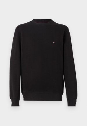 Black sweatshirt featuring a round neck, long sleeves, ribbed cuffs, and a small logo on the chest. Smooth texture and casual fit.