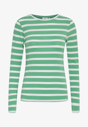 Pikkade varrukatega särk, millel on rohelised ja valged horisontaalsed triibid, ümar kaelus ning pehme kangas sileda tekstuuriga.