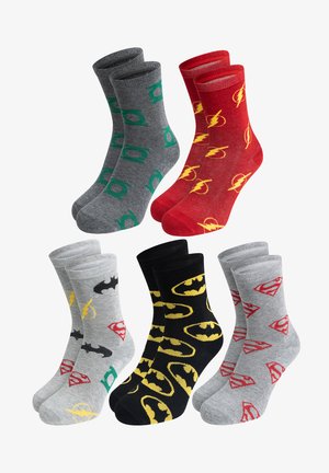 Set of six pairs of crew socks. Features: gray with green lantern logos, red with lightning bolts, gray and black with Batman and Superman logos.