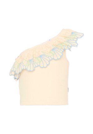 Crèmewitte cropped top met één schouder en gerimpelde rand met geborduurde pastelkleurige blauwe en groene schelpen- en eenhoornhoornmotieven.