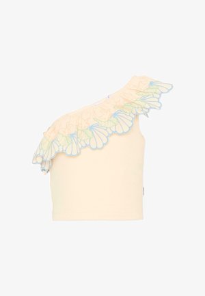 Crèmewitte cropped top met één schouder en gerimpelde rand met geborduurde pastelkleurige blauwe en groene schelpen- en eenhoornhoornmotieven.