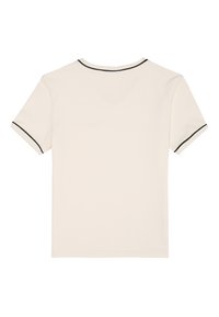 Crème T-shirt met korte mouwen, voorzien van zwarte bies langs de halslijn en mouwen, gemaakt van zachte katoenstof met een ontspannen pasvorm.