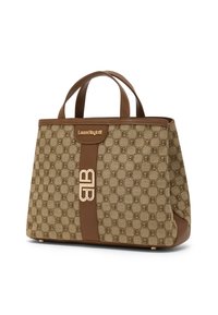 Borsa a spalla beige con motivo a fantasia e dettagli marroni, dotata di due manici corti e di un logo dorato sulla parte anteriore. Realizzata in materiali sintetici.