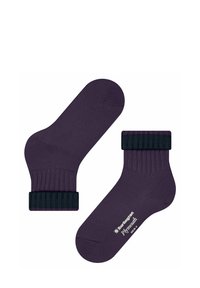 Chaussettes en coton violet à chevilles avec un revers côtelé vert foncé. Présente une texture lisse et un détail de logo près du talon.