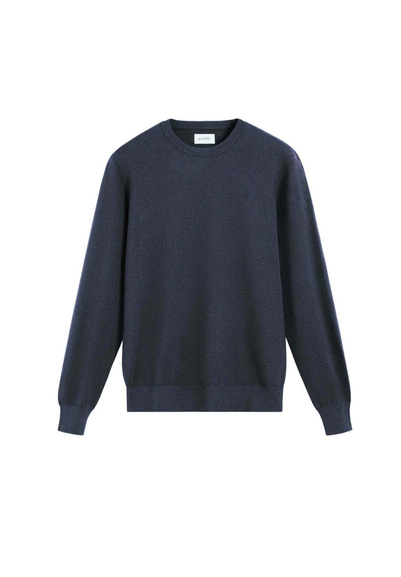 Suéter de cuello redondo en azul marino oscuro, hecho de un material de punto suave. Presenta mangas largas y puños y dobladillo acanalados. Diseño minimalista, sin patrones ni adornos.