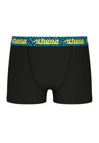 Boxer-briefs noirs avec une ceinture à motifs bleus et jaunes arborant le logo "Athena". Tissu lisse et design ajusté sans coutures visibles.