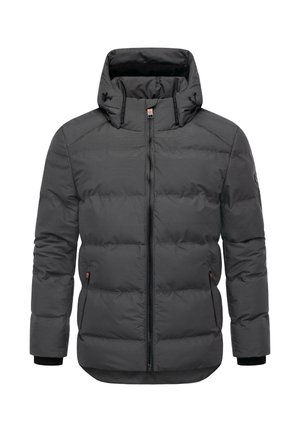 Donzen jas in donkergrijs met een hoge kraag en een verstelbare capuchon. Beschikt over een ritssluiting aan de voorkant, manchetten en een horizontaal gestikt patroon.