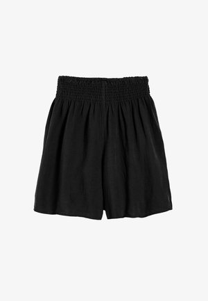 Shorts noirs en tissu léger, avec une taille smockée et des jambes larges à la texture douce. Pas de détails ou de motifs supplémentaires.