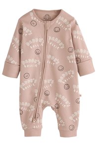 Langärmliger Baby-Strampler aus hellrosa geripptem Stoff, mit weißem Text "DADDYs bester Freund" und lachenden Gesichtsmotiven; Reißverschluss vorne.