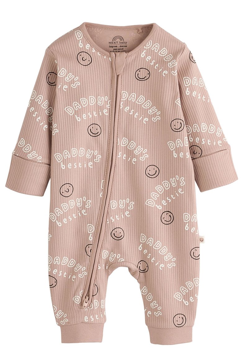Langärmliger Baby-Strampler aus hellrosa geripptem Stoff, mit weißem Text "DADDYs bester Freund" und lachenden Gesichtsmotiven; Reißverschluss vorne.