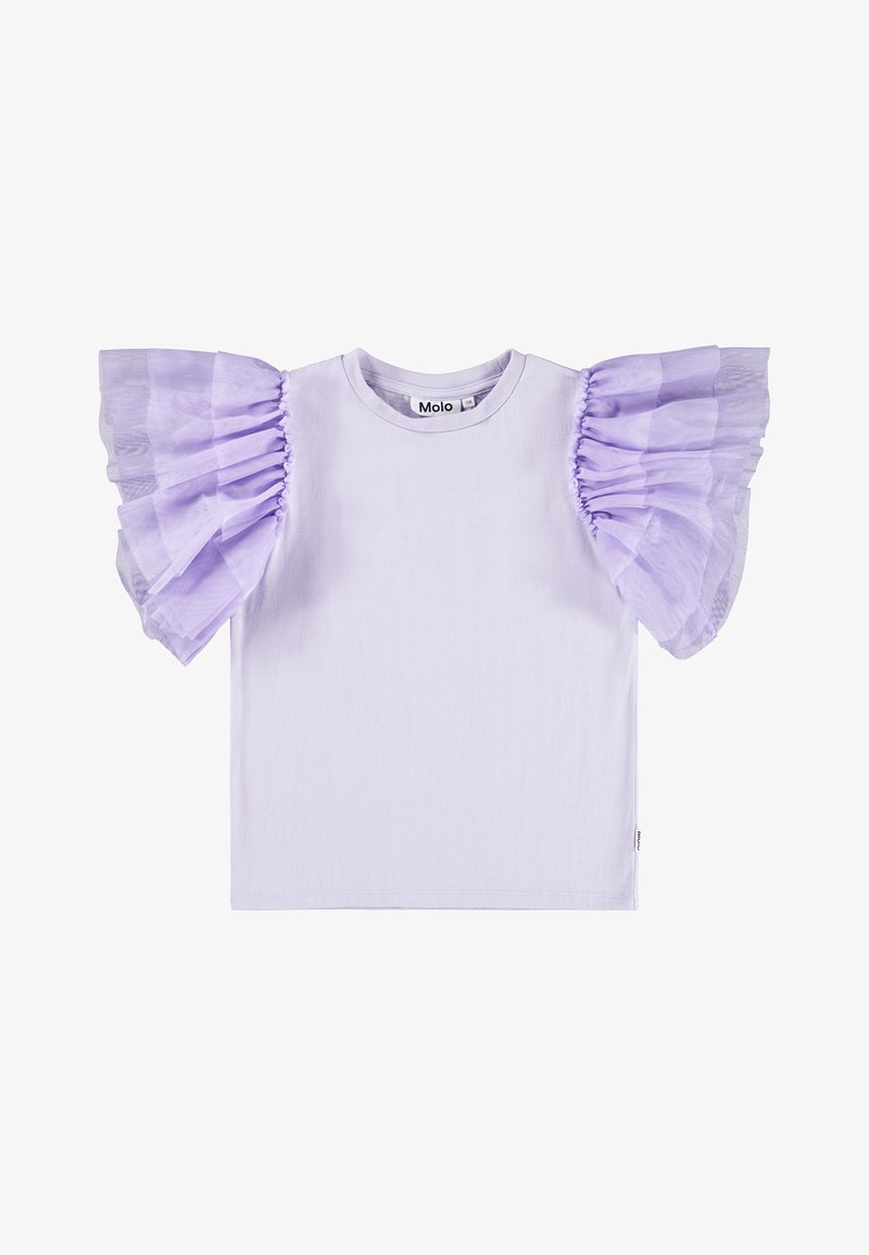 Lila kokvilnas t-krekls ar caurspīdīgām, krokotām uzpūtenēm. Apaļš kakls un mazs uzlīmē ar zīmola nosaukumu Molo sānos.