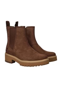 Bruine suède enkellaarsjes met elastische zijpanelen, een ronde neus en een stevige rubberen zool. Voorzien van een logo dat op de zijkant is geperst.