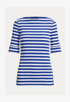 Blue and white striped short-sleeve top with a boat neckline. Made of soft fabric, featuring horizontal stripes in equal width.
