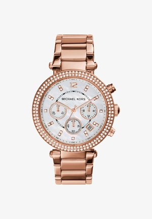 Rose gold Michael Kors wristwatch with crystal bezel, mother-of-pearl dial, three subdials, date window, and linked metal bracelet.