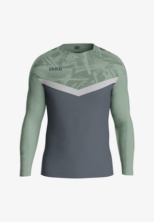 Langärmliges Sportshirt in Grün und Grau, mit einem strukturierten Muster im oberen Bereich und einem kontrastierenden grauen Chevron-Design.