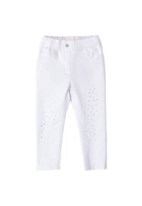Witte denim broek met een elastische tailleband, voorzien van zakdetails en decoratieve studs op de benen. Soepele textuur en aansluitende pasvorm.