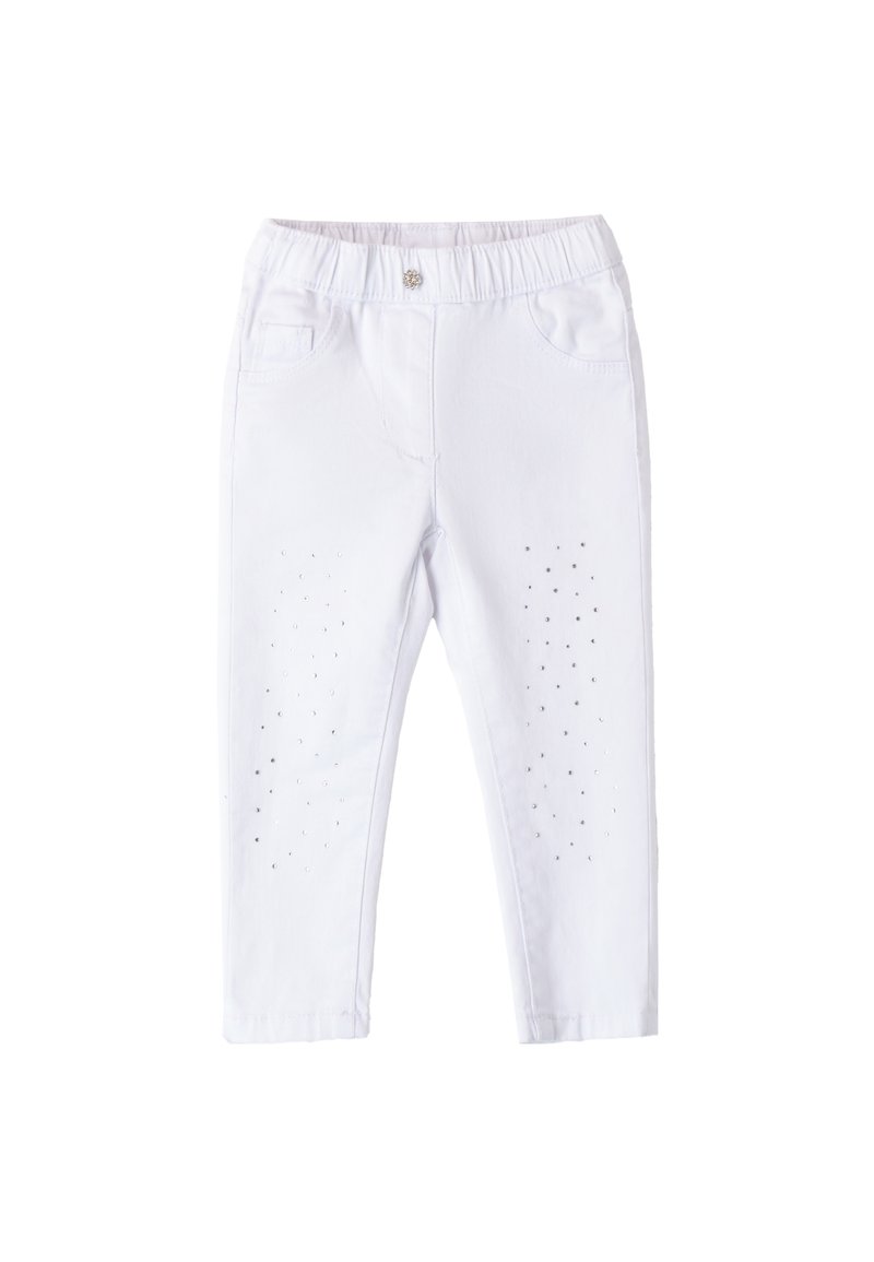 Witte denim broek met een elastische tailleband, voorzien van zakdetails en decoratieve studs op de benen. Soepele textuur en aansluitende pasvorm.