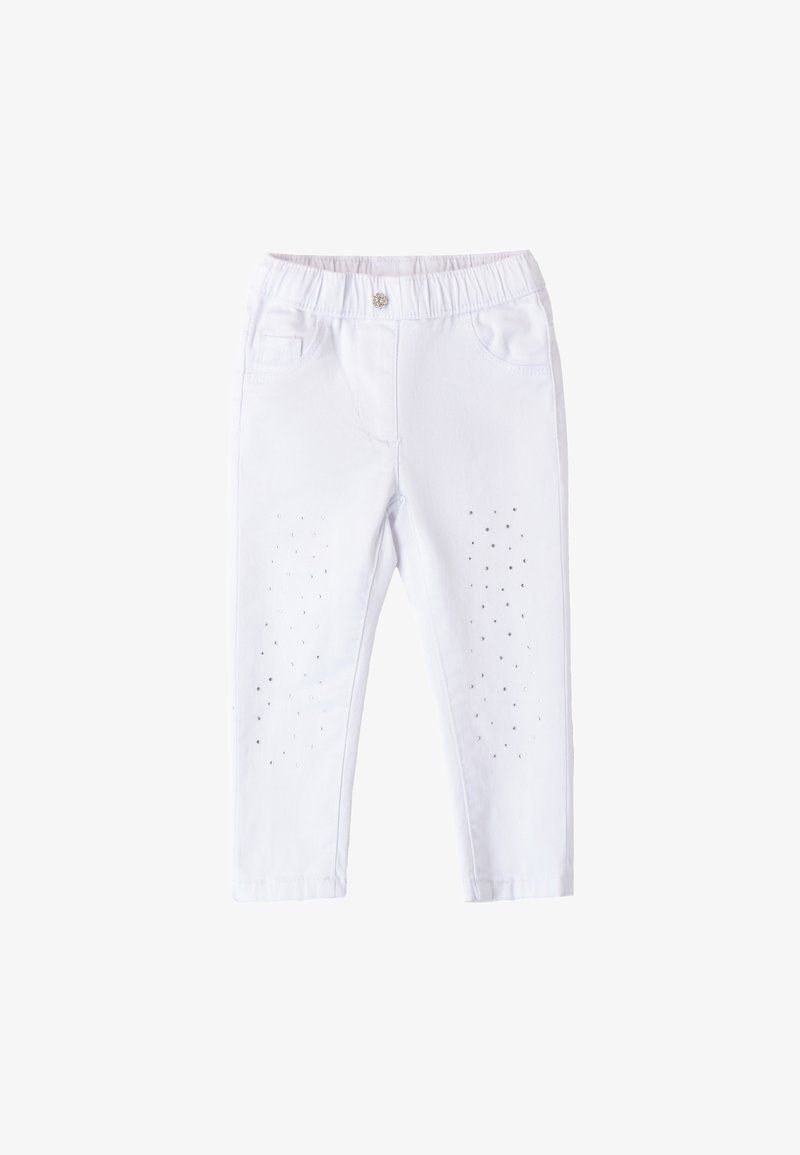 Weiße Denim-Hosen mit elastischem Bund, mit Taschen und dekorativen Nietenakzenten an den Beinen. Glatte Textur und figurbetonte Form.