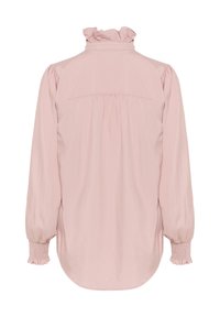 Blusa lunga a maniche con collo arricciato di un delicato colore rosa. Schiena arricciata e polsini smockati. Tessuto morbido con una vestibilità rilassata e orlo arrotondato.
