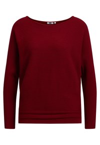 Pull rayé rouge à manches longues, col large et texture côtelée, présentant une coupe décontractée et un ourlet.