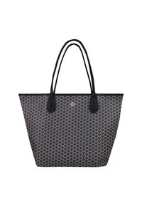 A large, patterned tote bag with black handles, featuring a geometric design in shades of navy and gold.