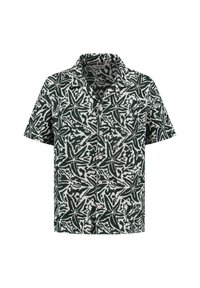 Camicia a maniche corte con un motivo di foglie verdi e bianche, davanti con bottoni e colletto. Realizzata in un tessuto leggero.