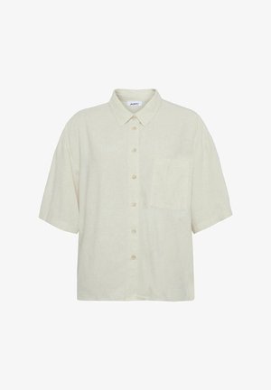 Lühikeste varrukatega, krae ja esi-taskuga heledast beezist linast särk, millel on nööpide sulgemine. Sile tekstuur, vabaaja disain.