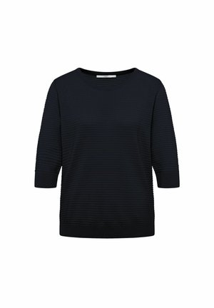 Schwarzer, gerippter Strickpullover mit ellbogenlangen Ärmeln, Rundhalsausschnitt und tailliertem Saum.